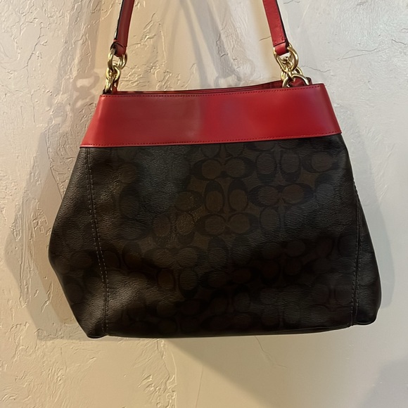 Coach Red Signature Lexy Brown Shoulder Bag Purse Leather Valentine - Picture 3 of 15